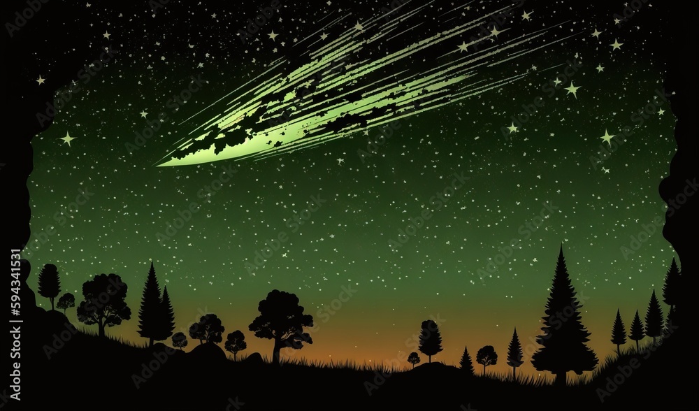  an image of a green and black sky with stars and a shooting star in the sky above trees and a hill 