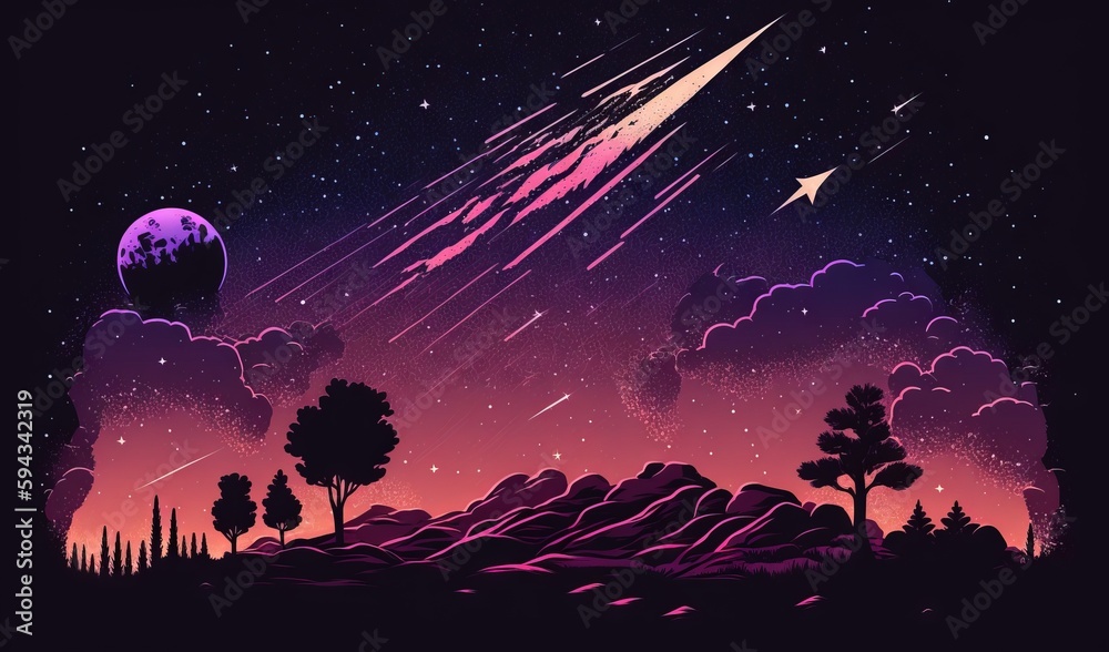  a night scene with stars and a shooting star in the sky above a hill and trees and a hill covered w