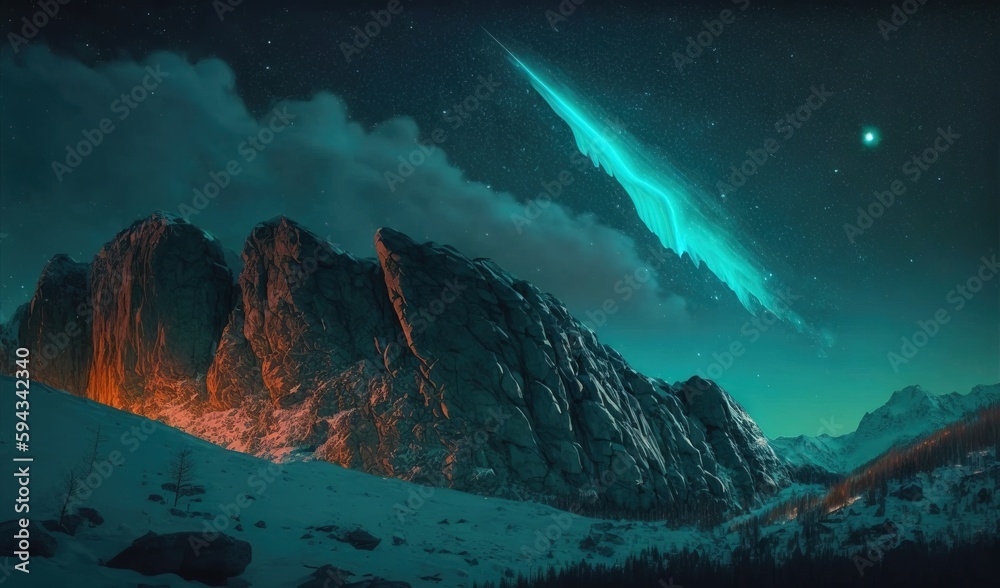  a night scene with a mountain and a bright green aurora bore in the sky with a bright green aurora 