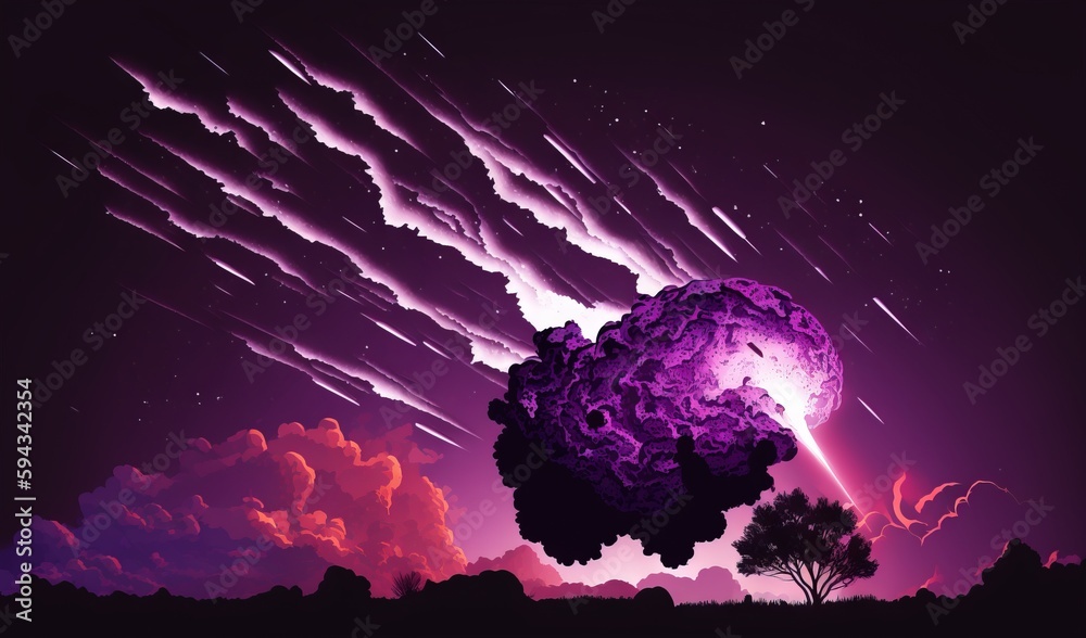  a purple sky with clouds and a large object in the middle of the image with a tree in the foregroun