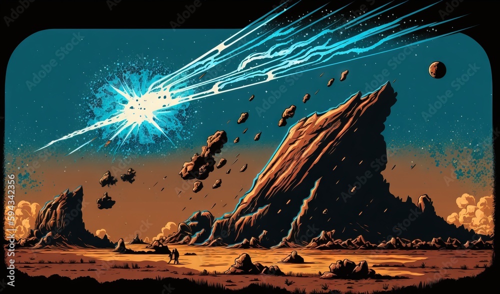  a painting of a star wars scene with a mountain and a shooting star in the sky with a man standing 