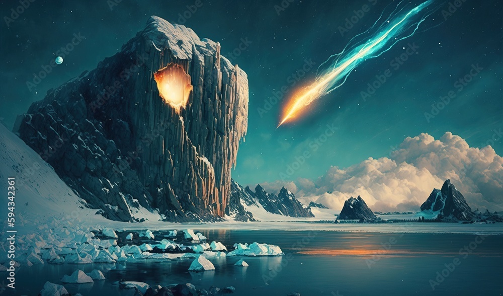  a painting of a mountain with a rocket coming out of it and a lake in front of it with rocks and ic