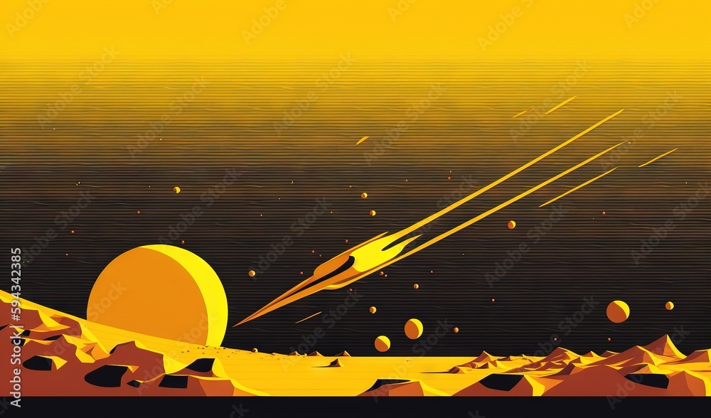  an illustration of a yellow and black space scene with a rocket flying over a planet and a yellow a