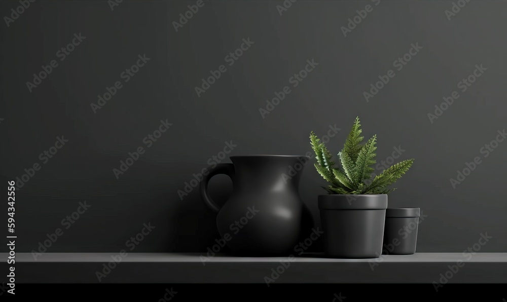  a black vase and two black cups on a shelf next to a plant in a black vase on a gray background wit