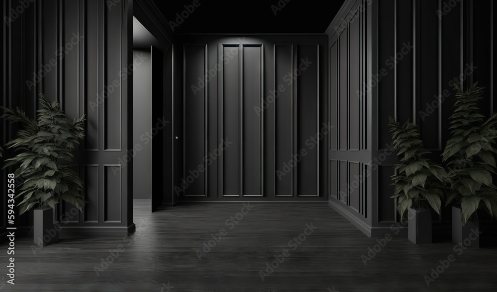  a dark hallway with a plant in the middle of the hallway and a door leading to another room on the 