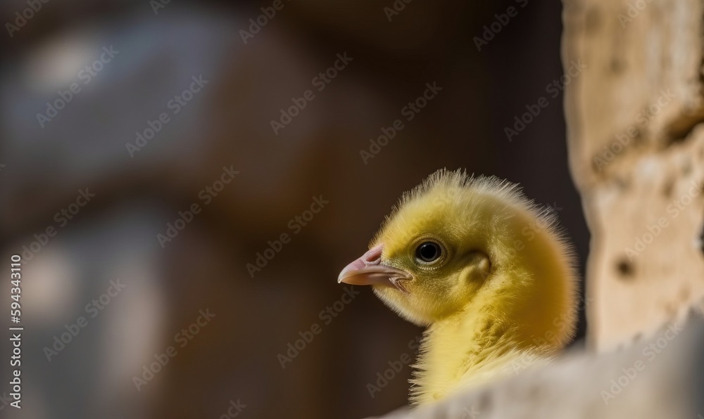  a small yellow bird sitting on top of a wooden wall next to a stone wall and a wooden door in the b