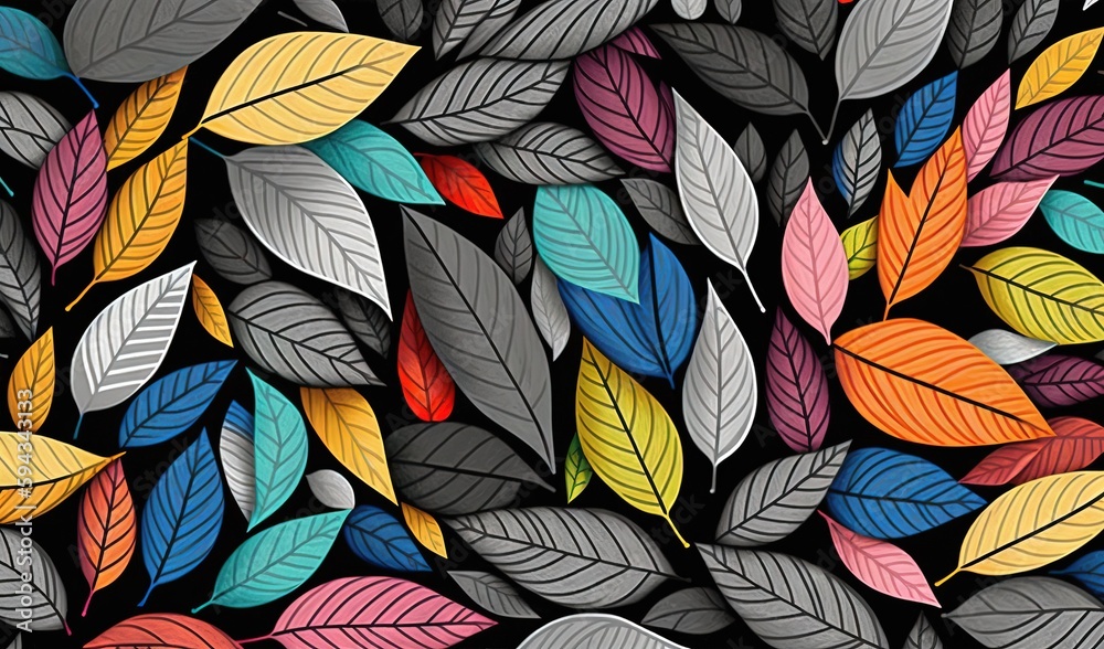  a bunch of leaves that are on a black background with red, yellow, green, blue, and orange leaves i