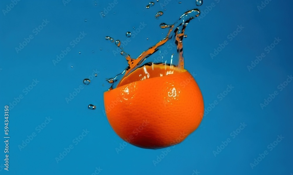  an orange being dropped into water with a blue sky in the background of the image is a splash of wa