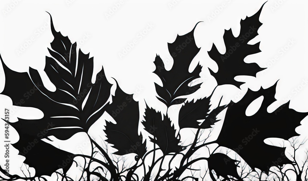  a black and white photo of a leafy plant with leaves on its sides and a white background with a bl