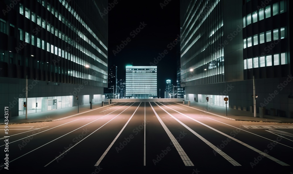  a city street at night with a lot of lights on the street and buildings in the background with a lo