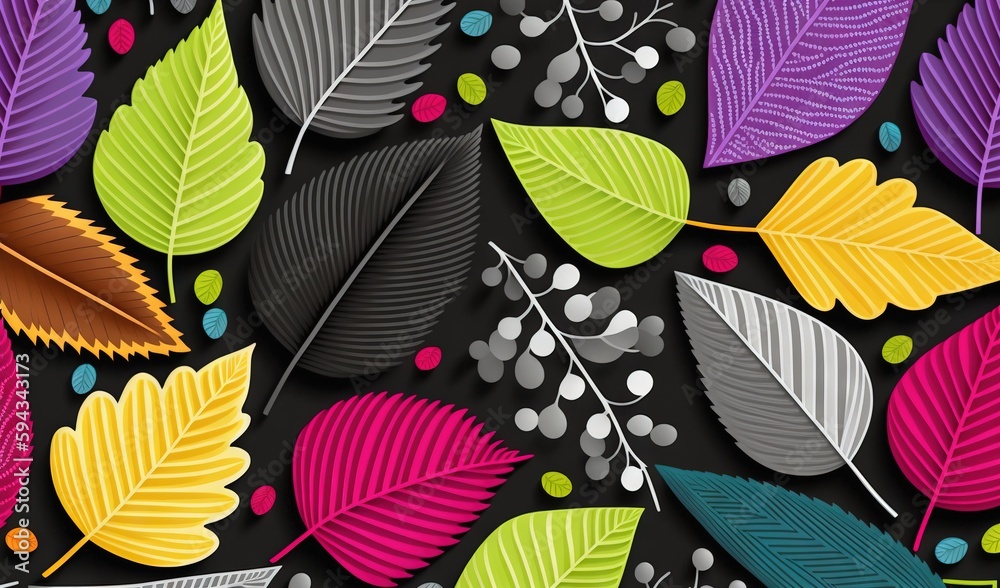  a colorful pattern of leaves and berries on a black background, with a black background with a whit