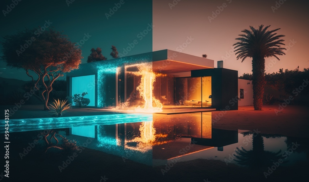  a house with a pool in front of it and a palm tree in the background at night time with a reflectio