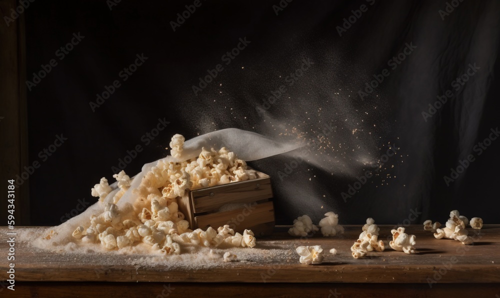  a wooden box filled with popcorn on top of a wooden table next to a pile of popcorn on top of a woo