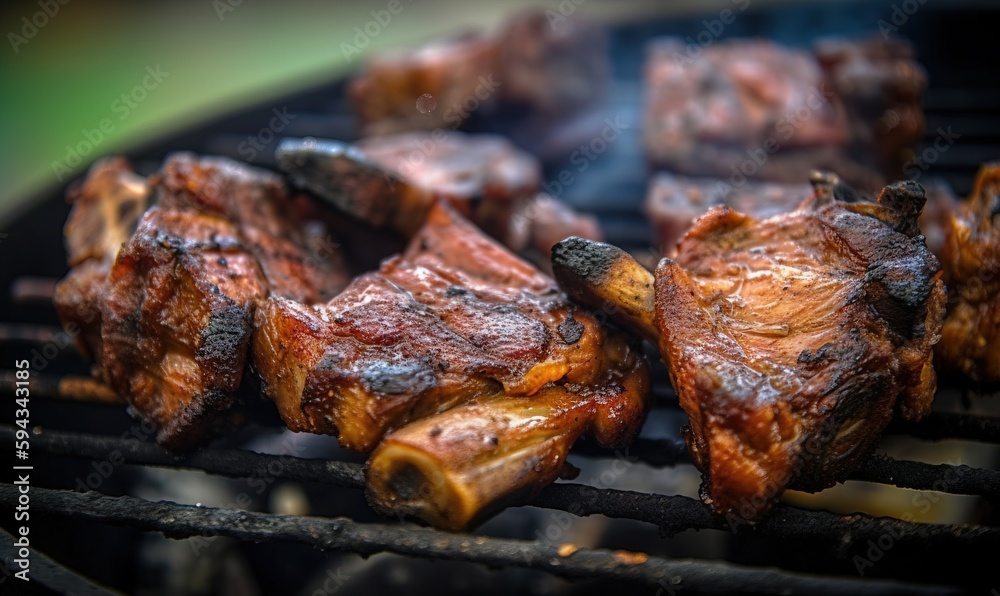  a close up of meat on a grill with a blurry backgrouf in the backgrouf of the grill with a green ba