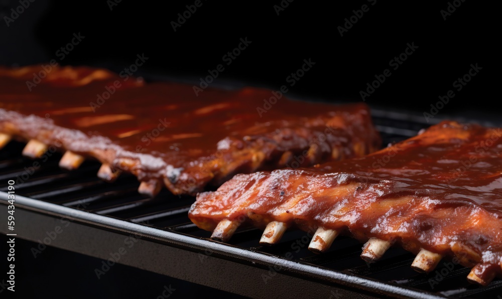  two ribs are cooking on a grill with sauce on top of them and on the side of the grill, on a black 