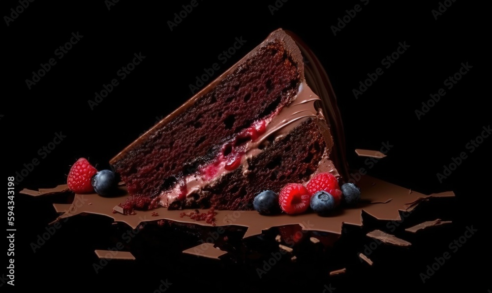  a piece of chocolate cake with berries on top of it and a slice cut out of the cake with chocolate 