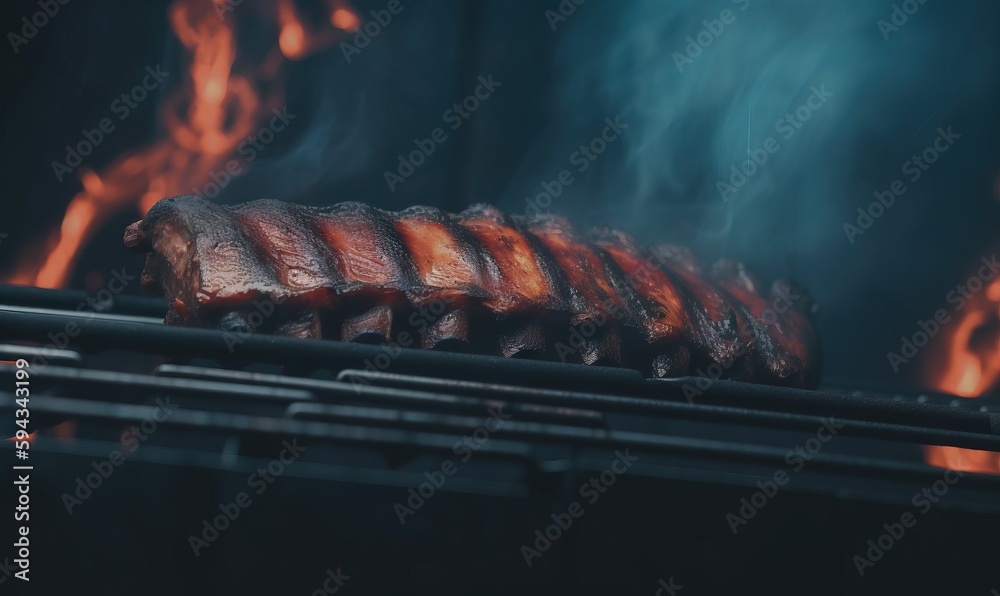  a close up of some meat on a grill with flames in the background and smoke coming out of the back o