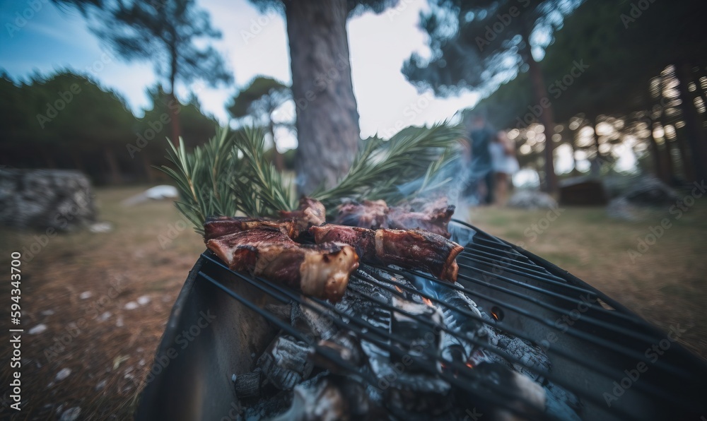  a bbq grill with meat and vegetables cooking on its side and a pine tree in the backgrouf of the p