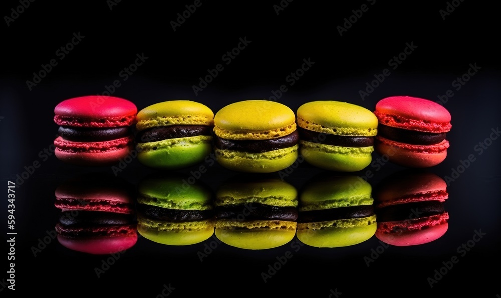  a row of macaroons sitting on top of a black surface next to each other on top of a reflective surf