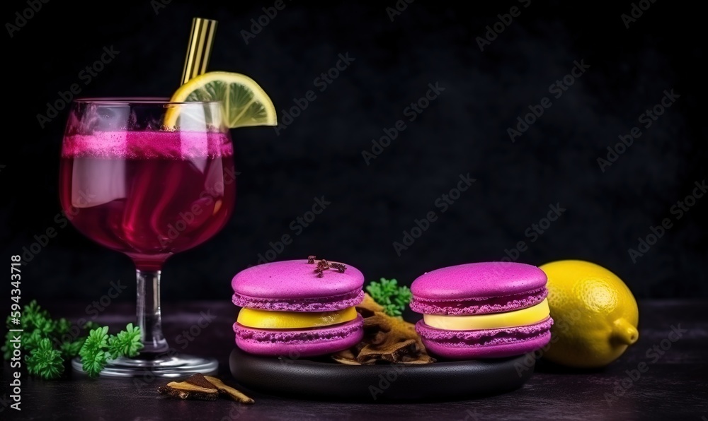  a glass of wine and a plate of food with a lemon slice and a lemon slice on the side of the plate a