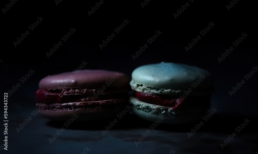  two macaroons are sitting side by side in the dark, one is white and the other is pink and green an