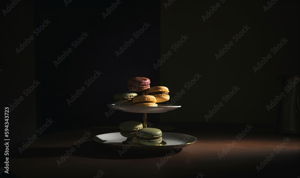  a plate of donuts on a table in a dark room with a black wall and a white plate with a few donuts o