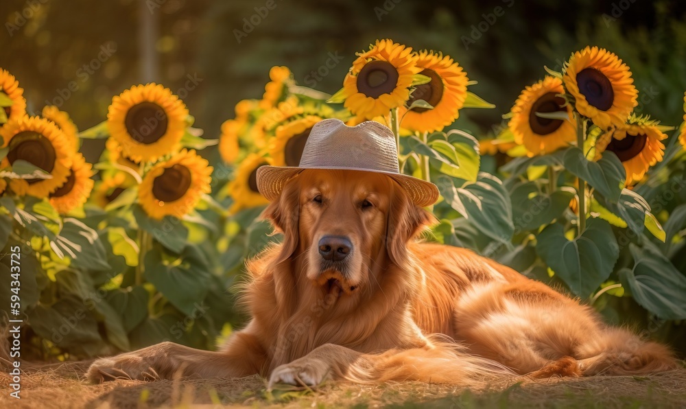  a golden retriever dog wearing a hat in a field of sunflowers in the sunlight with a hat on his hea