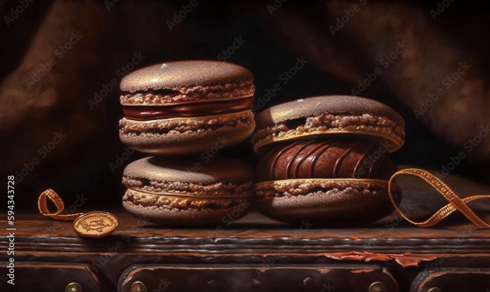  a painting of three chocolate macaroons on a wooden table next to a gold ribbon and a piece of gold