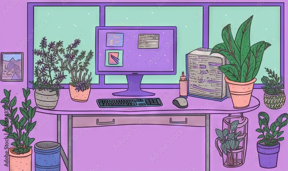  a desk with a computer, potted plants, and a book on it in front of a purple wall with a window and