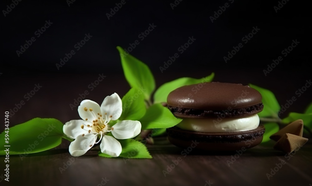  a chocolate sandwich and a flower on a wooden table with green leaves and a black background with a