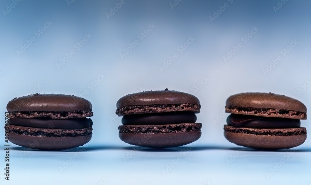  a group of three chocolate donuts sitting next to each other on a blue background with a blue backg