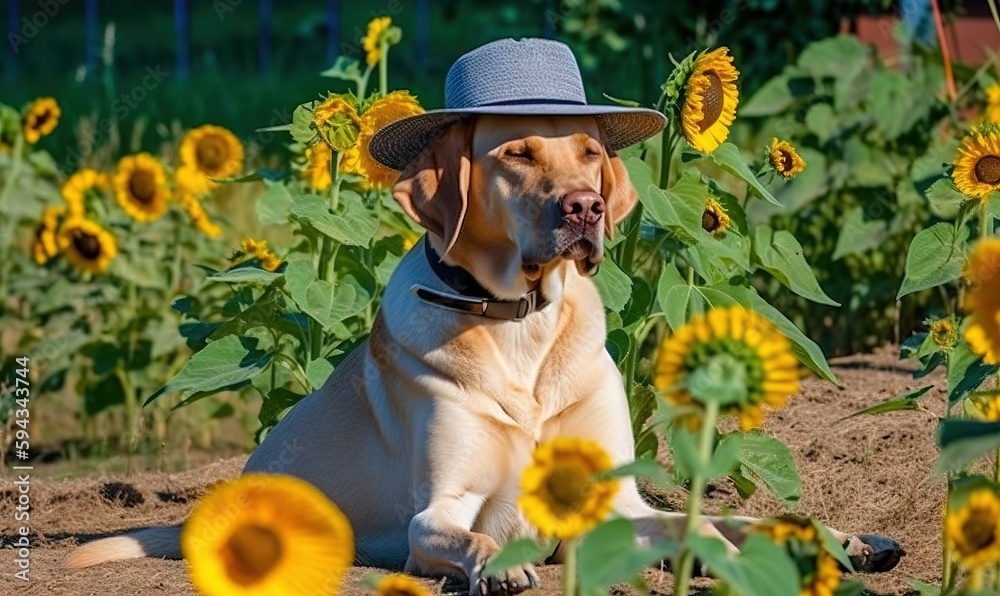  a dog sitting in a field of sunflowers wearing a hat and a hat on his head, with his eyes closed, w