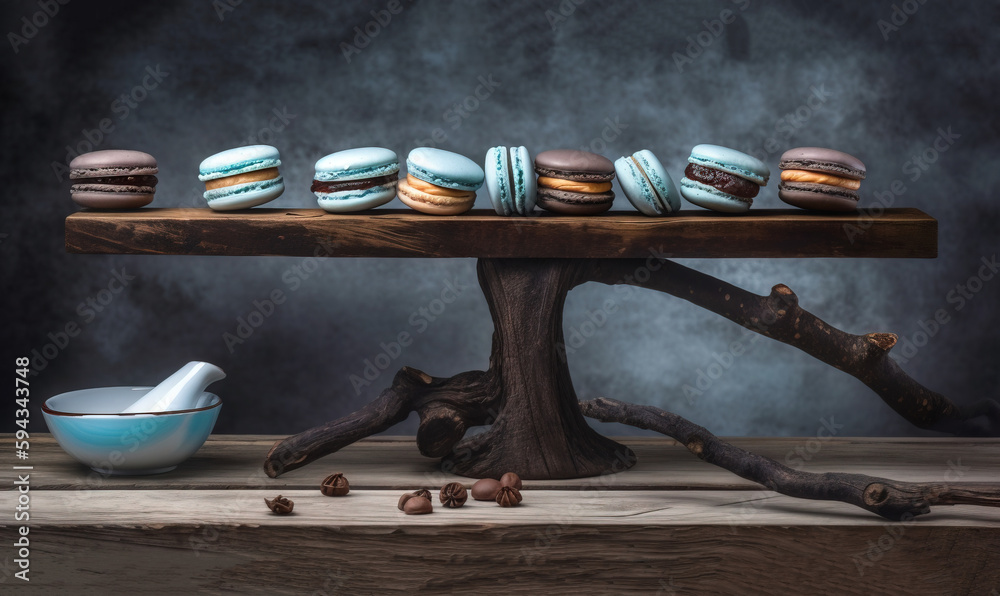  a table topped with a bunch of macaroons on top of a wooden table next to a bowl of nuts and a tree