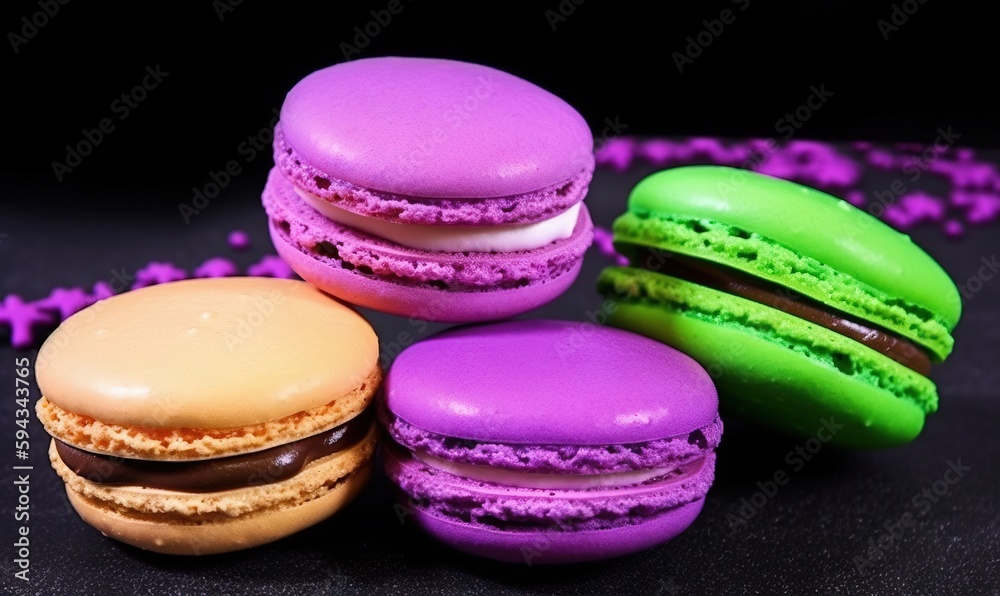  a group of macaroons sitting next to each other on a black surface with purple and green icing on t