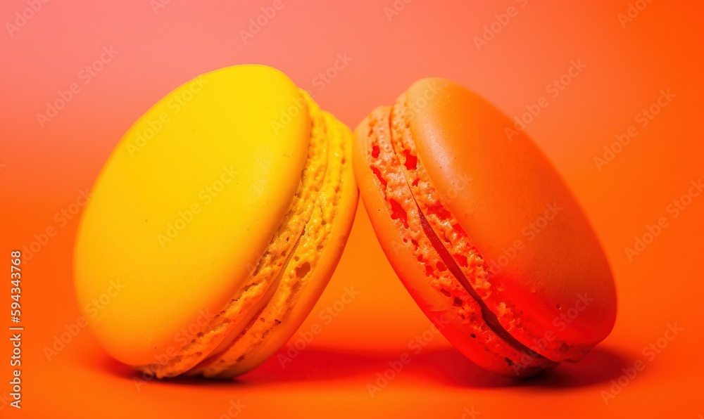  two yellow and red macaroons on an orange background with a red background and a pink background wi