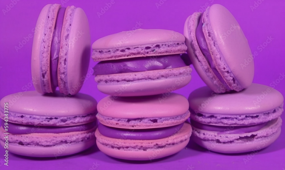  a pile of macaroons sitting on top of each other on a purple background with a purple background be