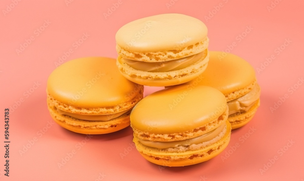  a stack of four macaroons sitting on top of a pink surface with one macaroon on top of the other ma