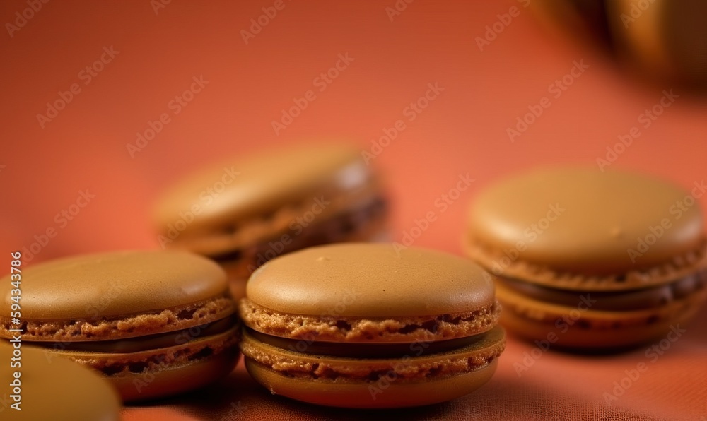  a group of macaroons sitting on top of a red tablecloth next to a banana and a cup of coffee on a t