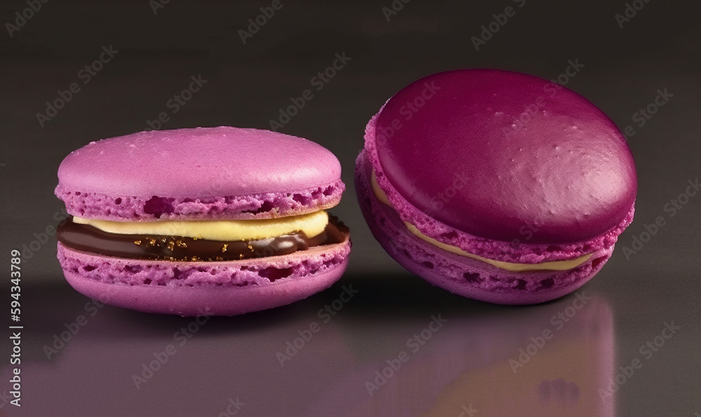  a pink macaroon and a purple macaroon on a black surface with a reflection of the macaroon in the b