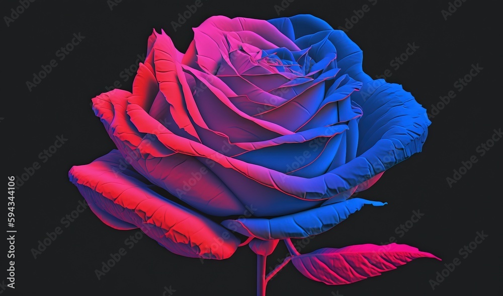  a blue and pink rose with a stem on a black background with a red center and a green stem in the mi