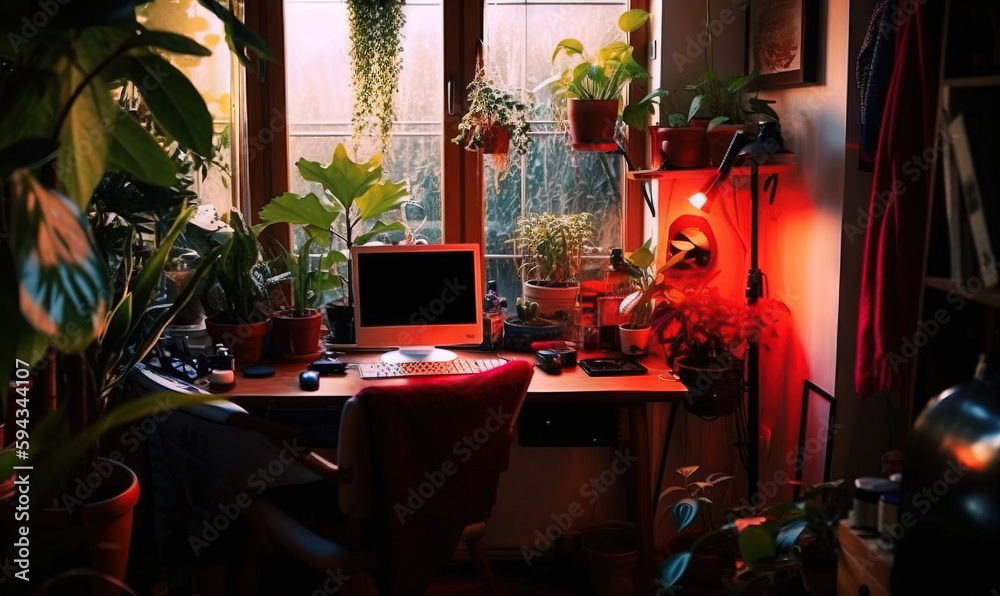  a desk with a computer and a lot of plants in a room with a lot of light coming through the window 