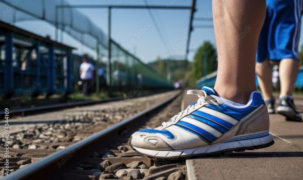  a close up of a persons shoes on a train track near a train track with a train in the background a