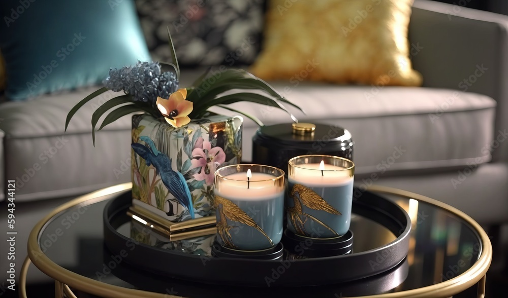  a tray with two candles and a vase on it on a table in front of a couch with pillows and a pillow o