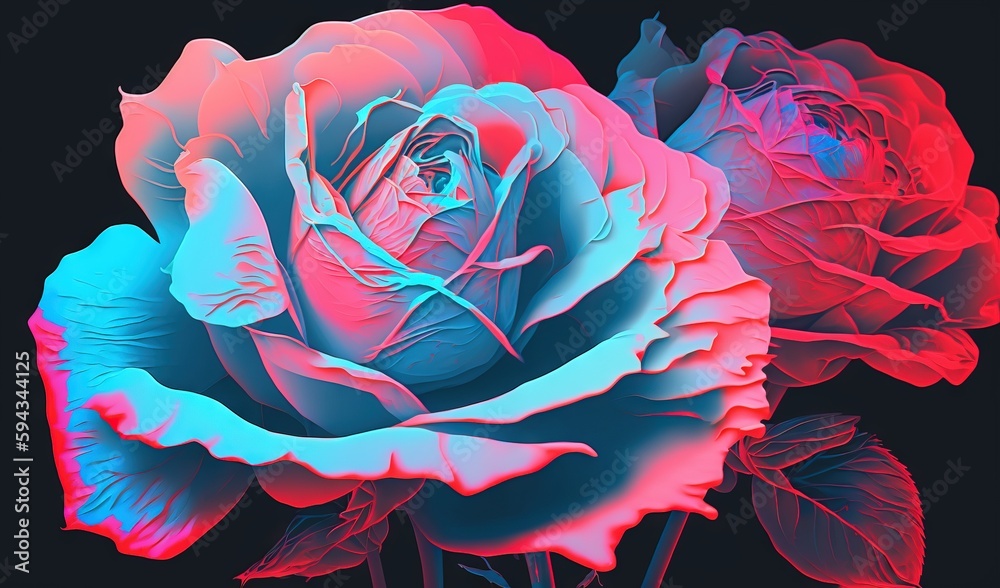  a close up of a pink and blue rose on a black background with a red center and a blue center in the