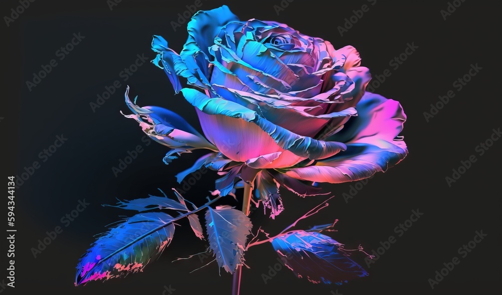  a blue rose with a pink center and a green center on a black background with a pink center and gree