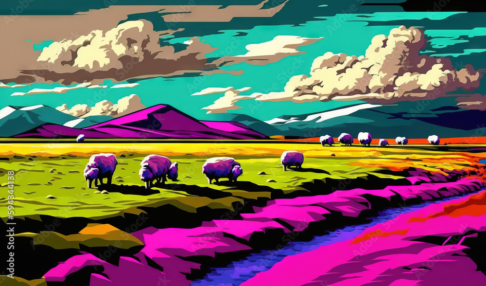  a painting of sheep grazing in a field with mountains in the background and clouds in the sky above