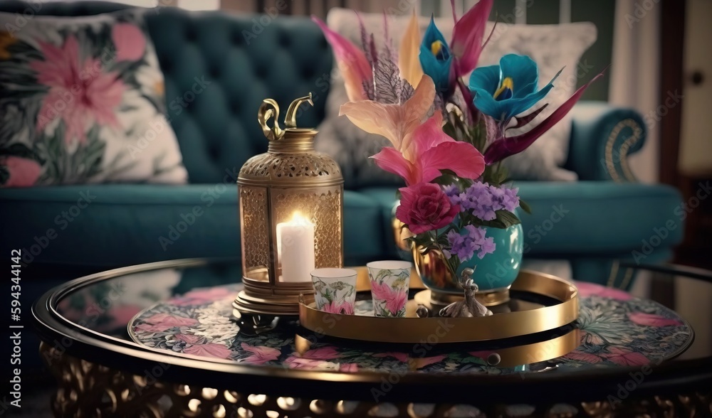  a table with a vase of flowers and a lit candle on it in front of a blue couch with pillows and pil