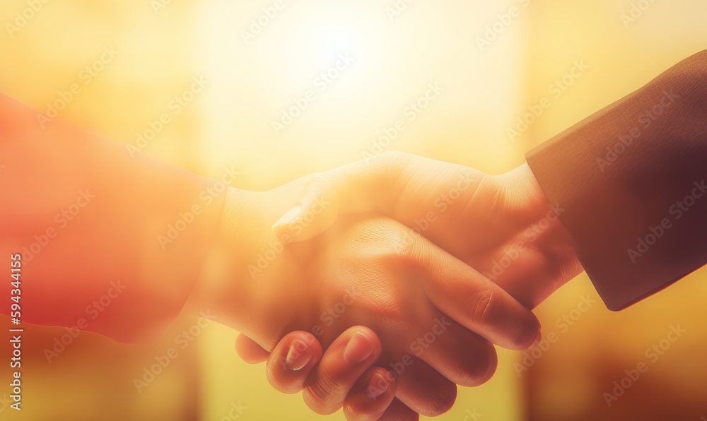  two people shaking hands in front of a yellow background with the sun shining through the window be