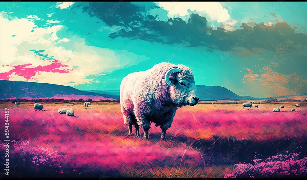  a painting of a large white bull in a field of purple flowers with mountains in the distance in the