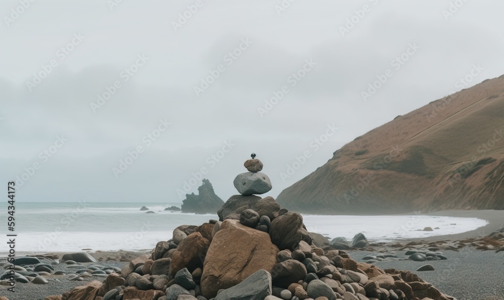  a pile of rocks sitting on top of a beach next to a body of water with a rock formation in the midd